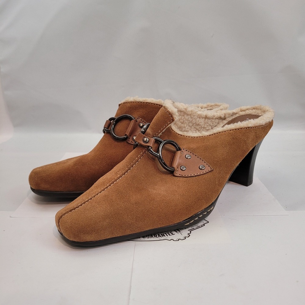 Aerosoles Cinchshearly Mules Women 9.5M Brown Suede Shearling Lined Block Heel - Picture 2 of 13